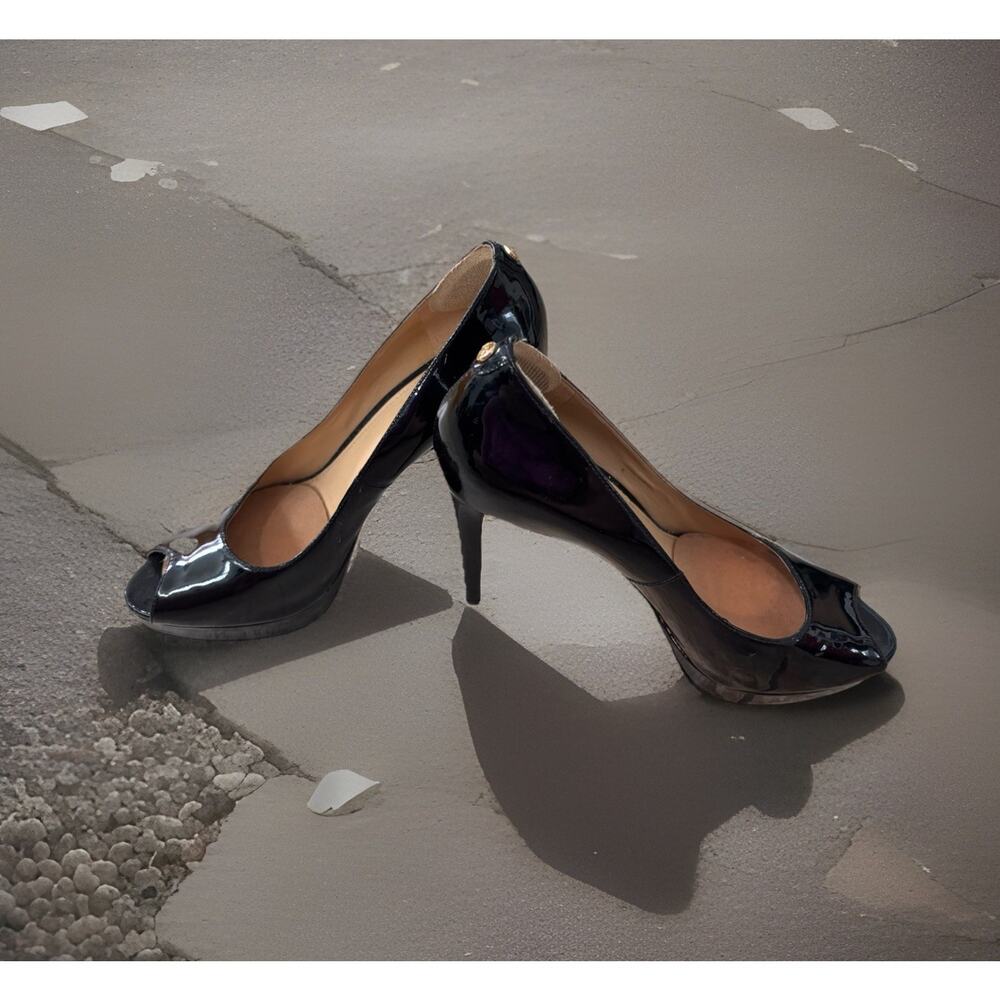 Black Michael Kors‎ Peep Toe Hidden Platform Leather Stiletto Pumps Heels 7.5
